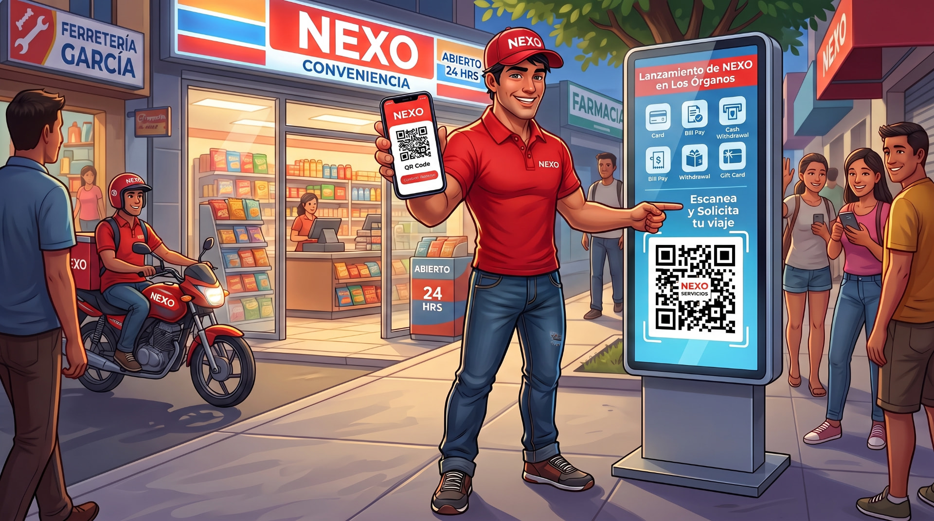 Ilustración NEXO: conductor con su celular mostrando el código QR junto al tótem de NEXO Servicios