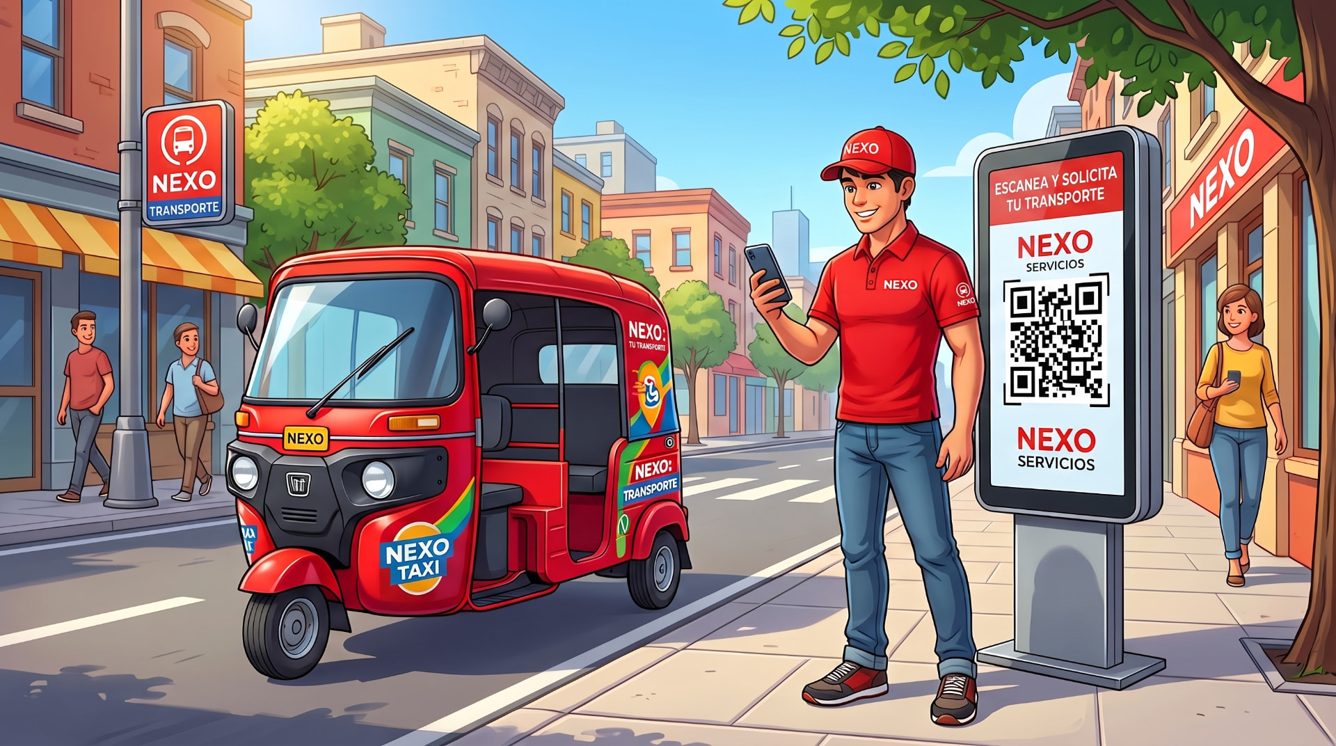 Ilustración NEXO: mototaxi en la calle junto a un pasajero escaneando el código QR para pedir su transporte
